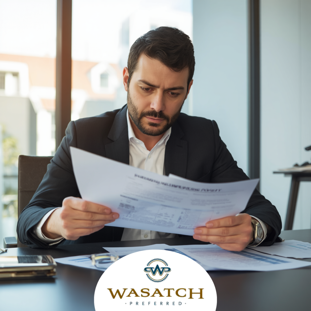 Business owner reviewing a commercial insurance policy document at a desk