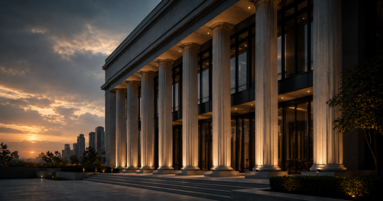 Modern columned architecture representing a business forming its own captive insurance company.