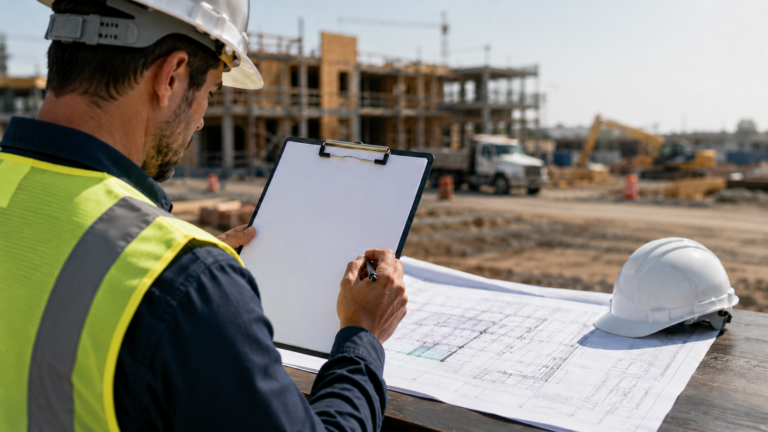 A contractor checking off an insurance coverage checklist on a clipboard