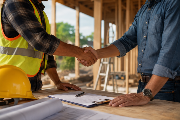 A contractor and client shaking hands over a signed agreement on a job site