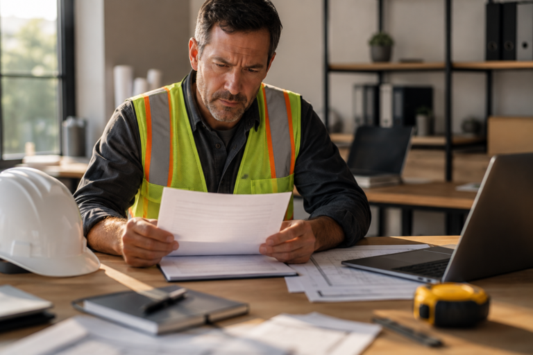 A contractor reviewing a certificate of insurance document at a desk