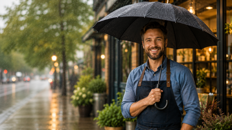 A protective umbrella over a small business, representing extra liability protection