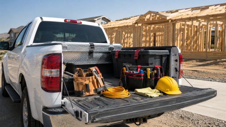 A work truck and tools on a job site, representing business vehicle use