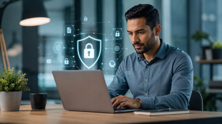 A small business owner at a laptop reviewing data security